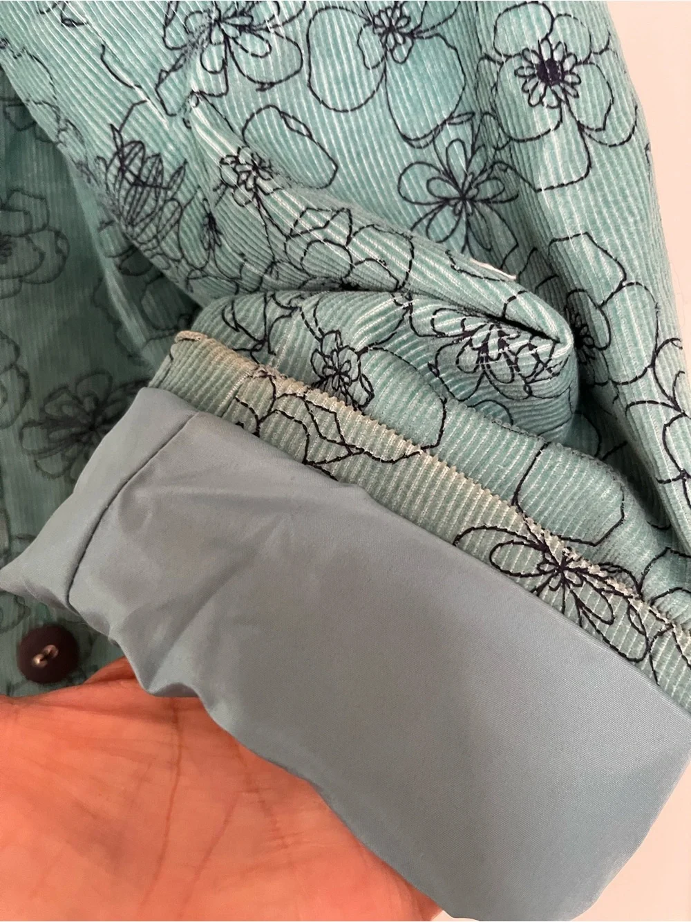 Denim & Co  XL Teal Floral Corduroy Button Down Lined  Jacket